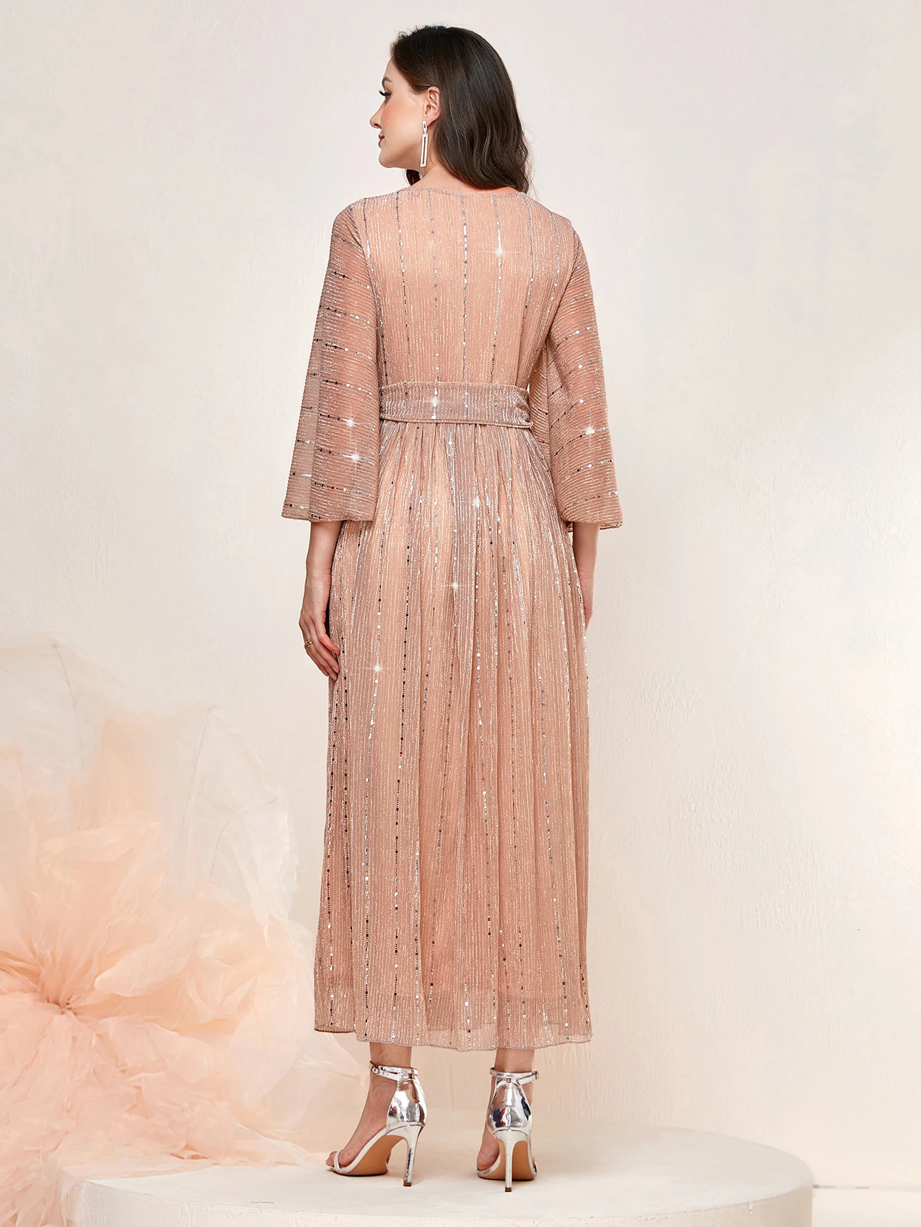 Ladies Round Neck Lotus Leaf Seven Quarter Sleeve Waist Cinched Pleated Sequin Belt Dress Middle Eastern Style 250103