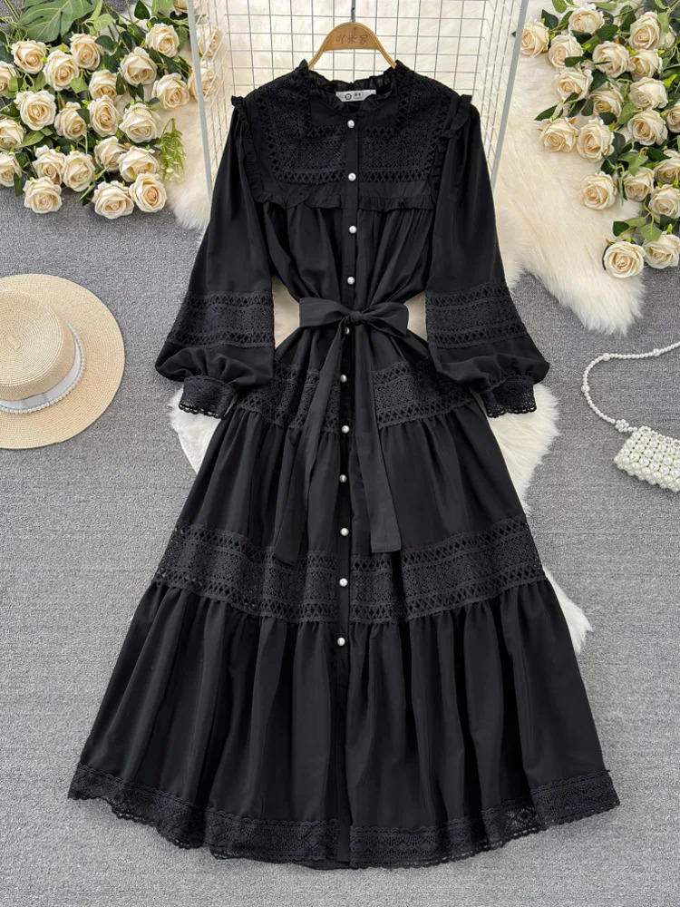 XFPV Women Sweet Temperament Lantern Sleeved Stand Collar Waistband Slim A-line Hollow Out Dress Vestidos Summer 2025 SM112 250103