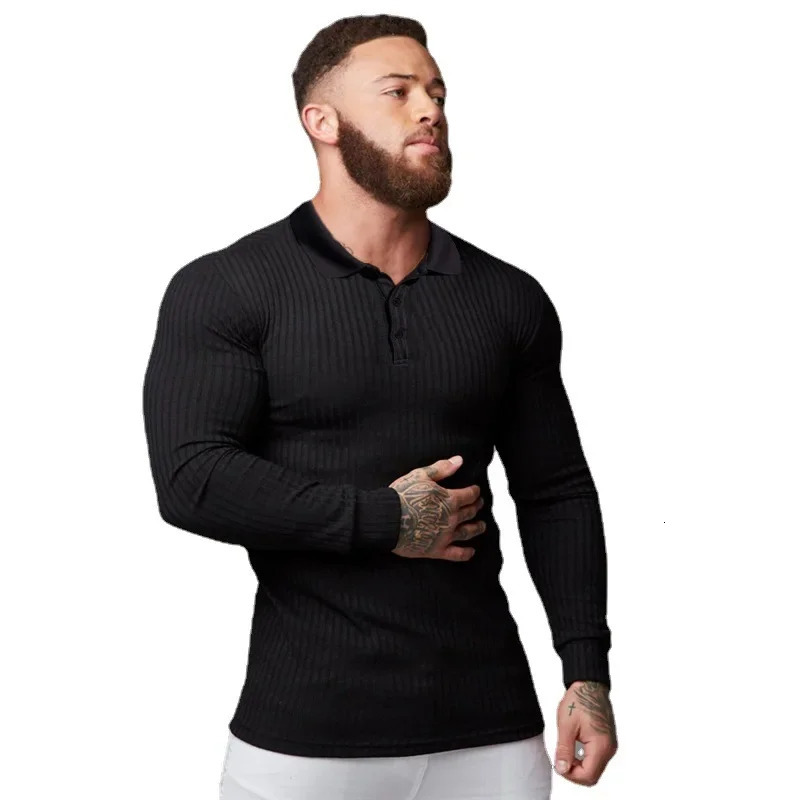 Autumn fashion knitted polo shirt mens classic white ribbed tight long sleeved polo shirt mens elastic sports shirt 250103