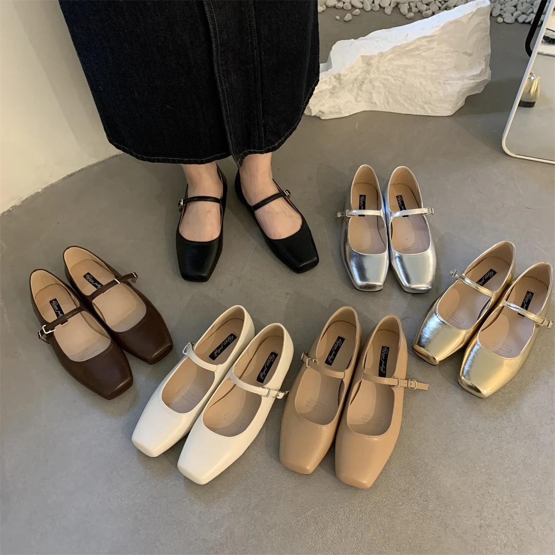 2024 Spring Women Mary Jane Shoes Fashion Square Toe Shallow Slip On Ladies Flat Shoes Soft Sole Outdoor Dress Ballerina 250106