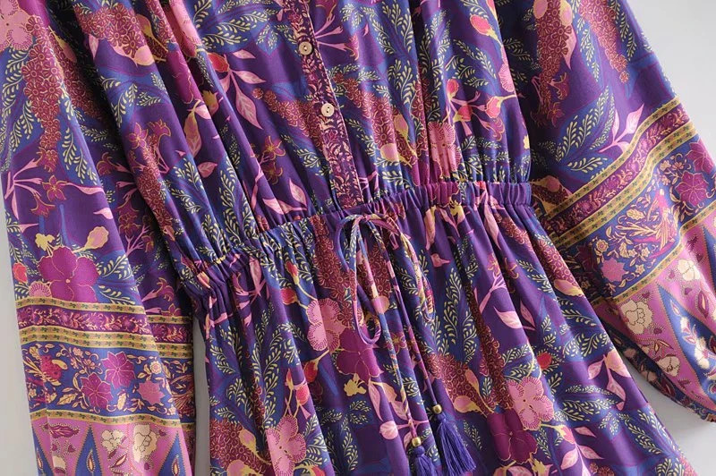 Happy Queens Womens Purple Printed Button V-neck Bohemian Mini Dress Womens Long Sleeve Elastic Waist Rayon Bohemian Dress 250103