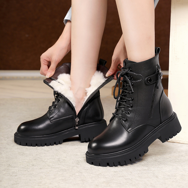 2025 New Winter Large Size Genuine Leather Snow Anti-Slip Fashion Natural Wool Women Combat Boots EU35-42