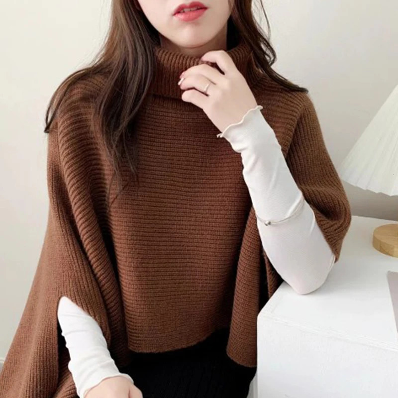 Winter Irregular Vintage Turtleneck Knitted Cape Pullover Women Casual Knitwear Solid Basic Elegant Top Cloak Sweater 250103