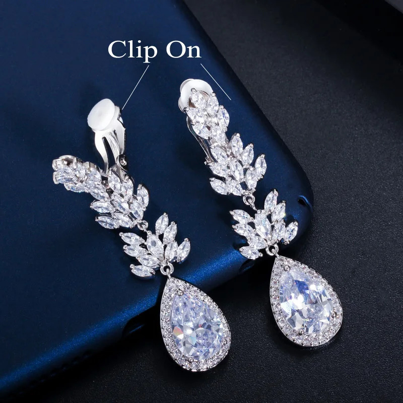 ThreeGraces Elegant Shiny Cubic Zirconia Leaf Shape Long Dangle Drop No Hole Clip On Earrings Non Pierced Ears Jewelry EJ0040 250103