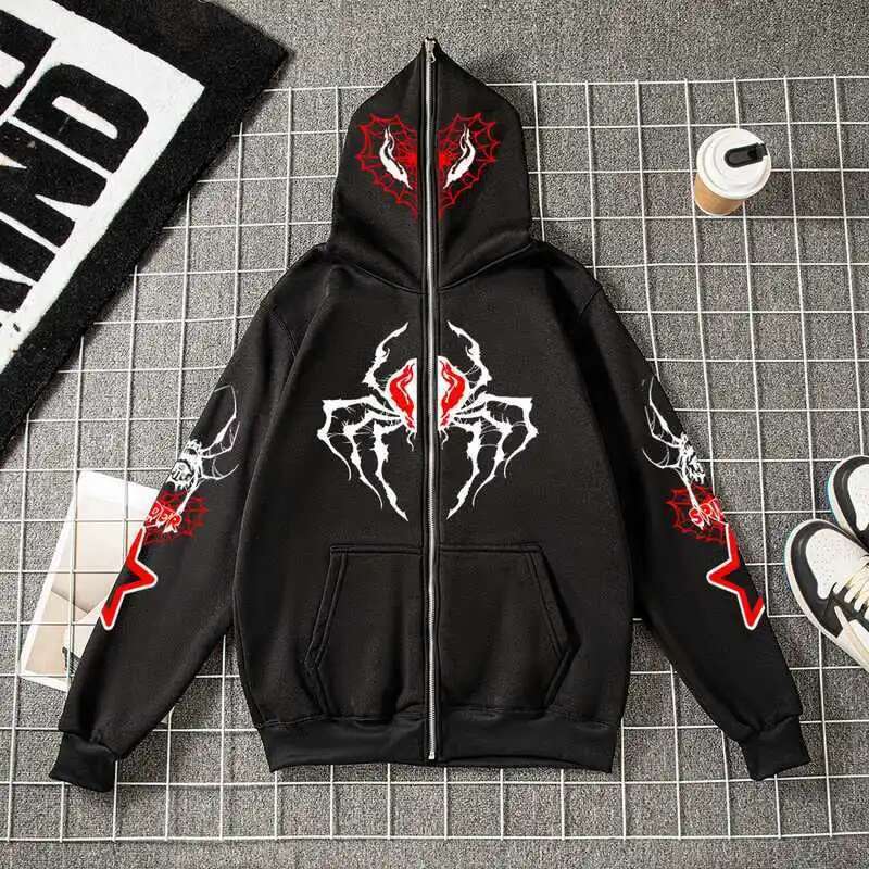 Goth Y2k Streetwear Printing Spider Zip Up Clothes Haruku Long Sleeve Anime Oversize Hoodie Men Women