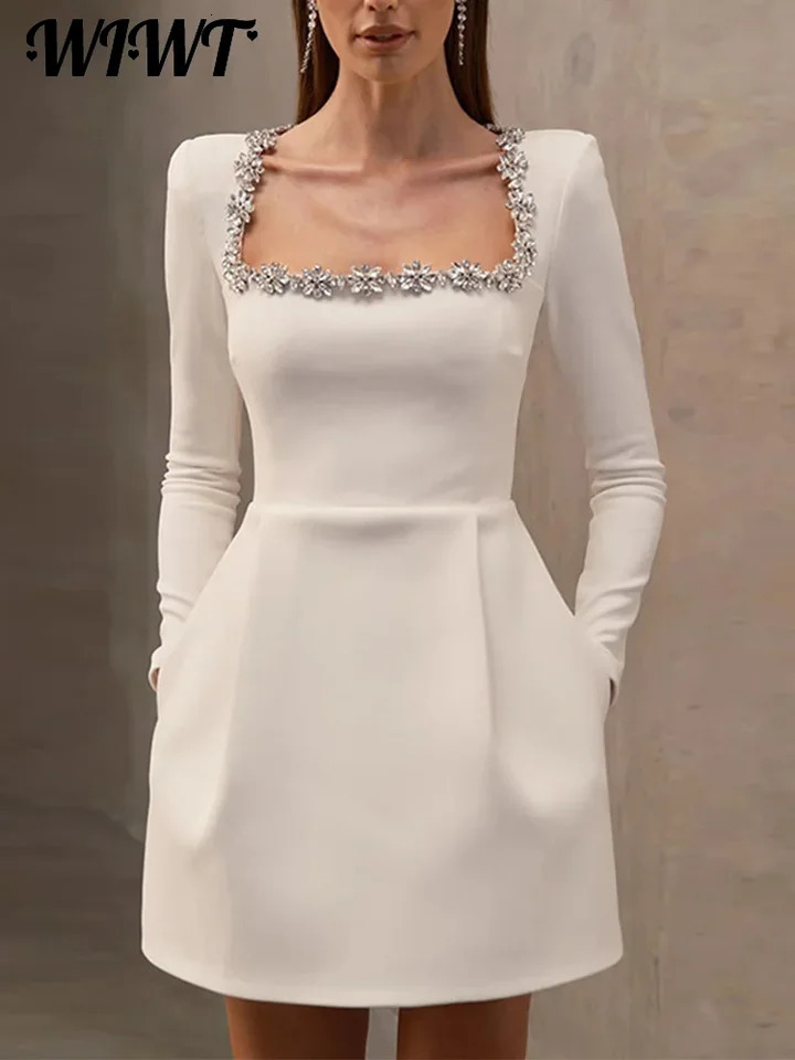 Ultra thin rhinestone square neck dress for women elegant velvet long sleeved A-line mini dress 2025 womens party vest 250103