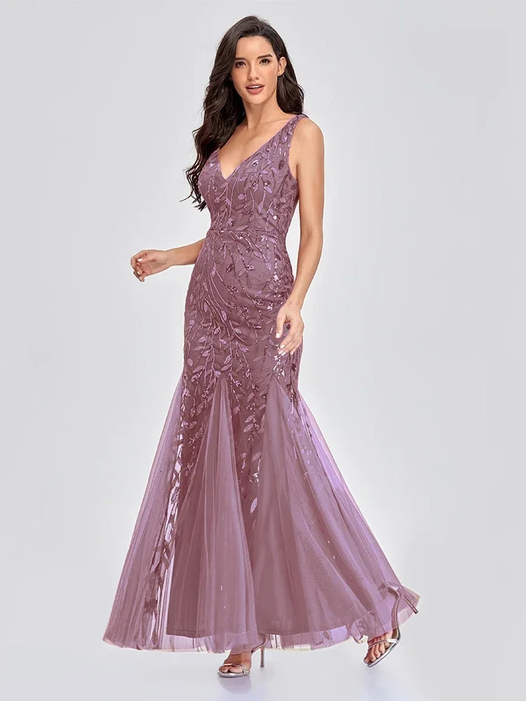 Womens sleeveless embroidered bead fabric evening dress V-neck elegant mermaid dress formal party dress runway stage 250103
