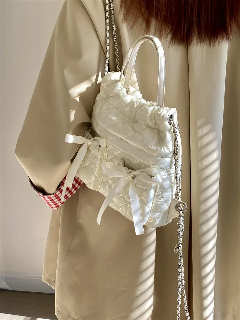 Fashion Bowknot Sweet Backpack Elegant Quilted Womens Small Handbags Simple Ribbon Female Chain Shoulder Bags Tote Purse 250102