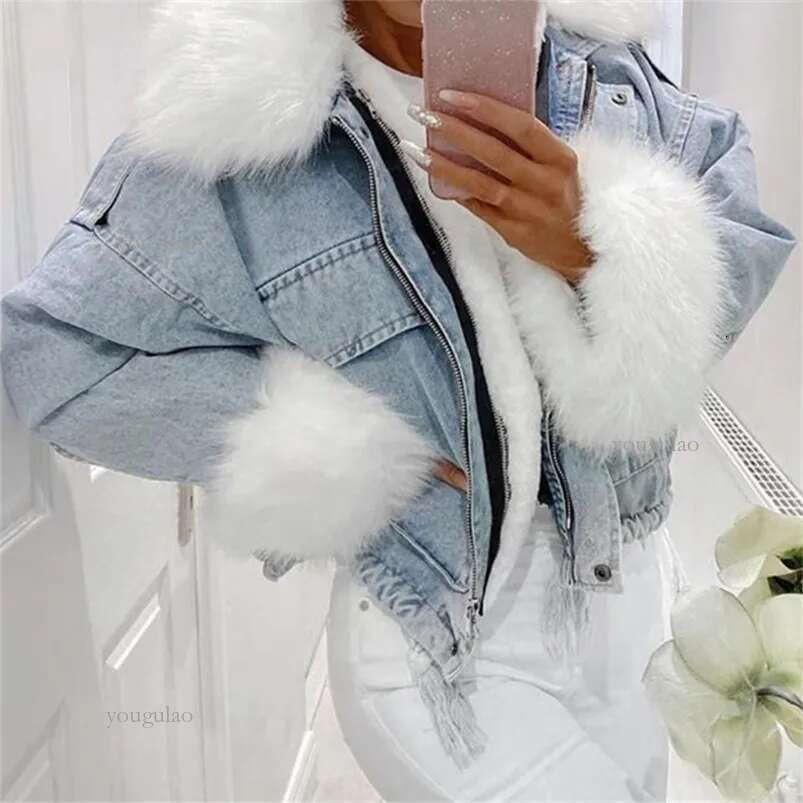 Thicken Winter Denim Jacket 2020 Casual Women Long Sleeve Short Coats Fur Collar Outerwear Loose Ins Style Streetwear Overcoat LJ201021