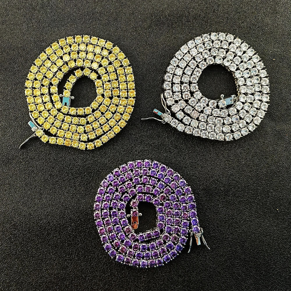 High Quality Hip Hop Brass 4mm Choker Colorful Link Chain Tennis Chain Men Women Fashion Iced Out Cubic zirconia Jewelry 250106