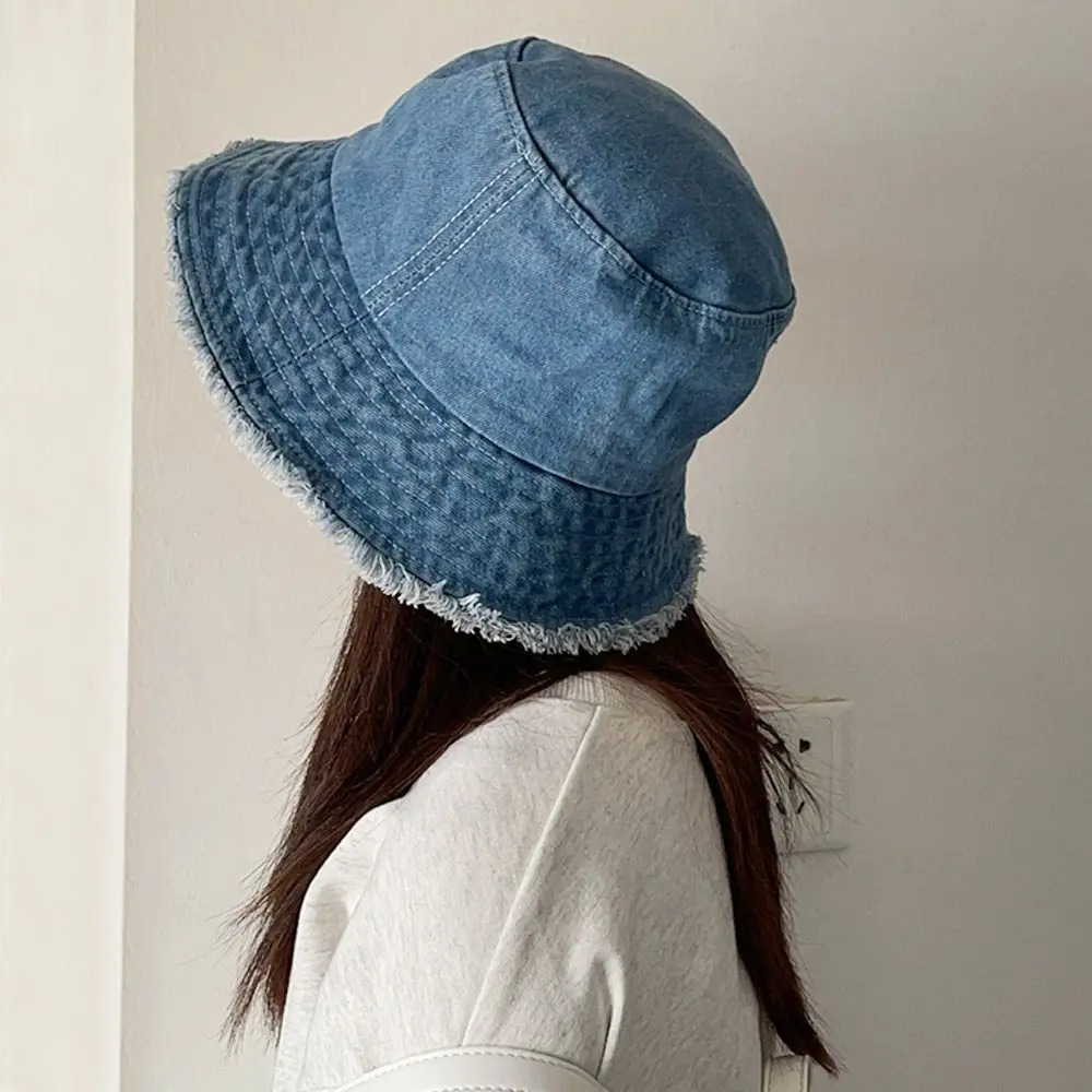 Sunscreen Hat Solid Color Fur Denim Fisherman Hat Denim Style Men Women Bucket Hat Fringed Edge Summer Vintage Bob Hat 250106