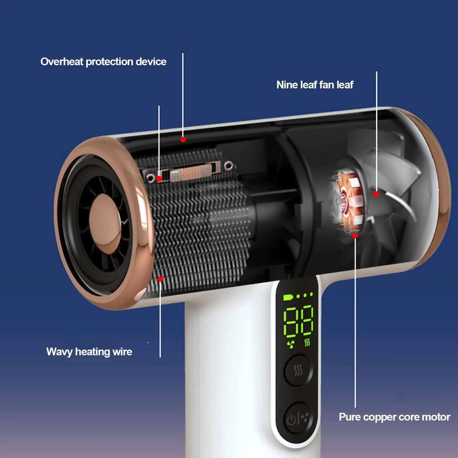 USB Lightweight 3 Heat Wind Settings Cordless Hair Dryer Long Battery Life Fast Drying Portable for Outdoor Camping