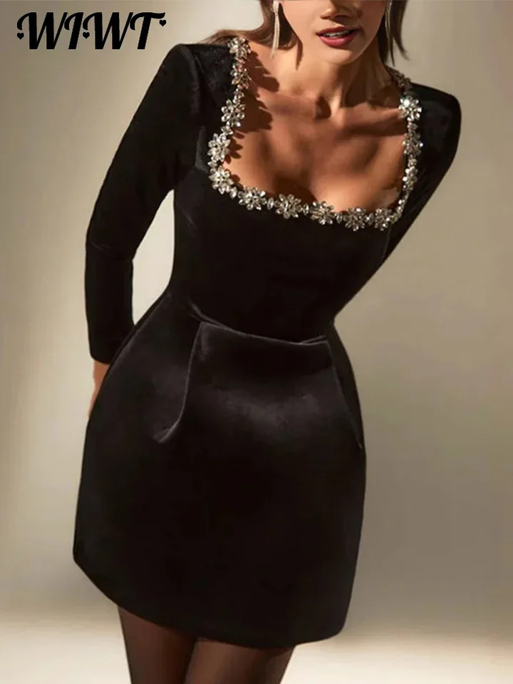 Ultra thin rhinestone square neck dress for women elegant velvet long sleeved A-line mini dress 2025 womens party vest 250103