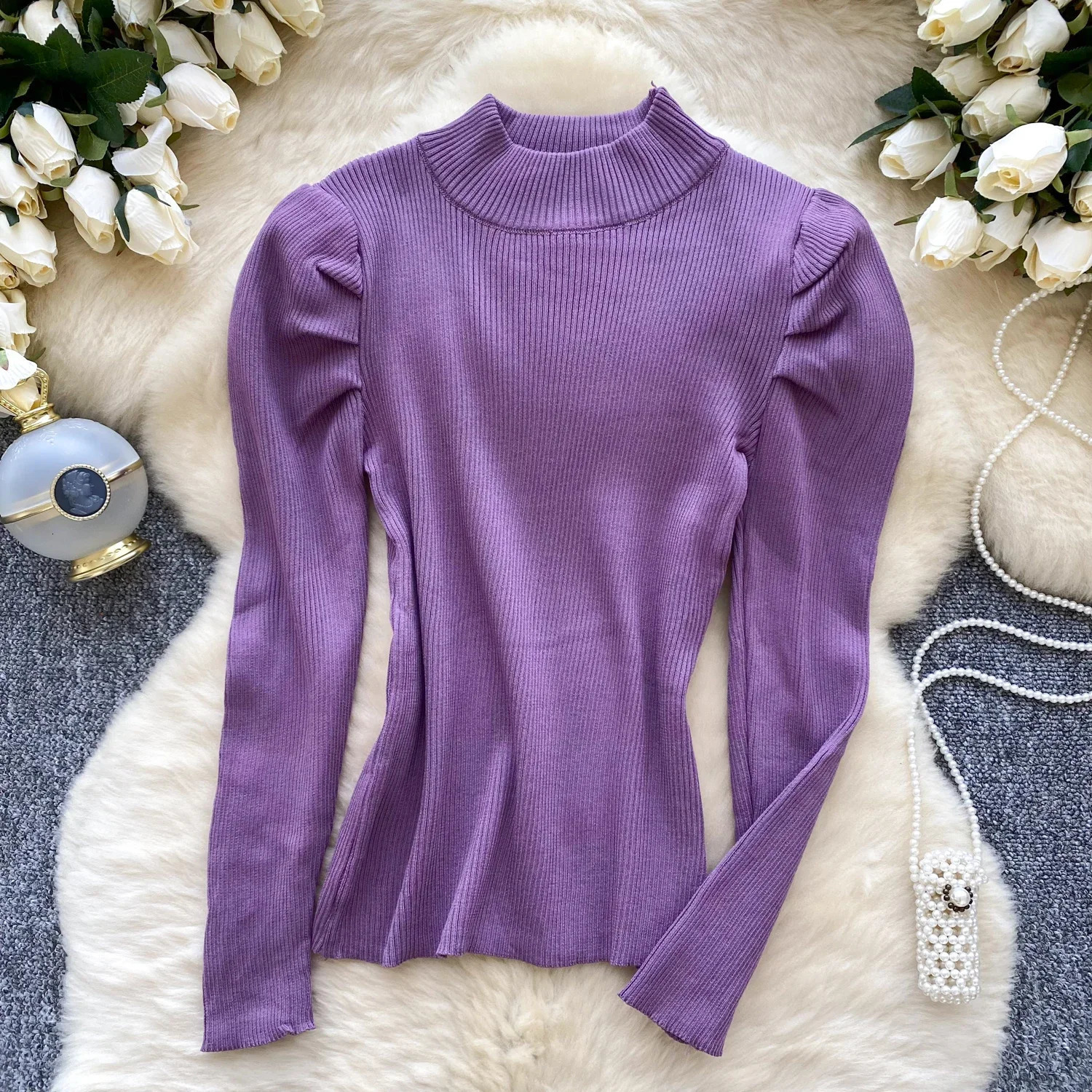 2025 Autumn Winter Women Simplicity Half High Collar Long Sleeve Sweaters Folds Shoulder Solid Multi Color Pullovers Tops 241227
