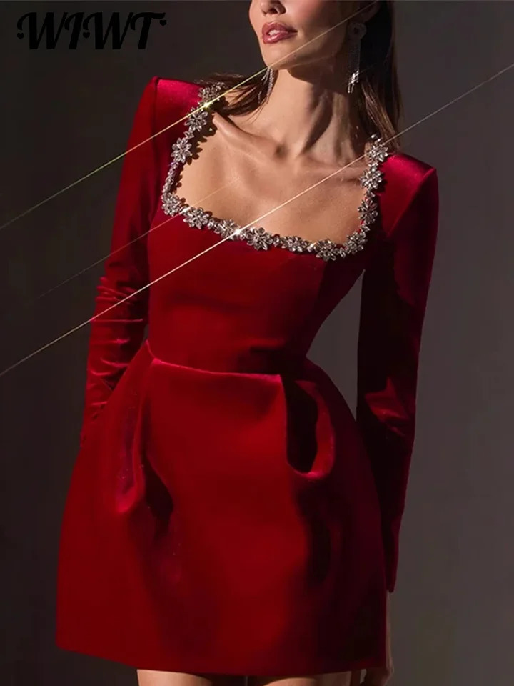 Ultra thin rhinestone square neck dress for women elegant velvet long sleeved A-line mini dress 2025 womens party vest 250103