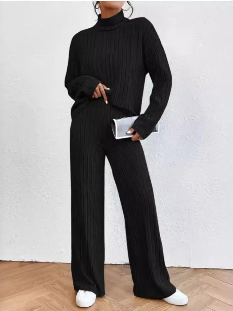 Casual solid color knitted pants set womens long sleeved turtle neck sweater loose mens two-piece set womens autumn and winter style 241230