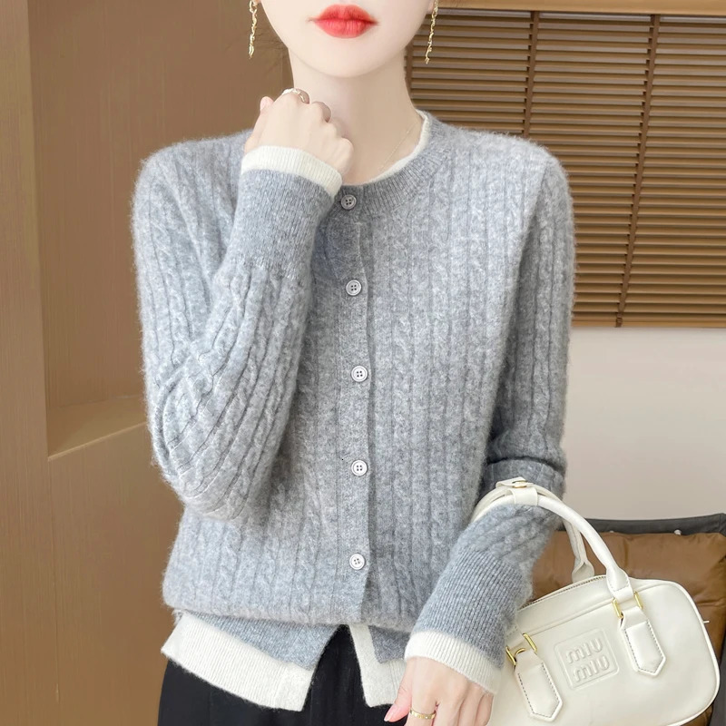 Autumn and winter 100% merino wool womens round neck color matching fake two cardigan loose twist cashmere sweater knit top 250103