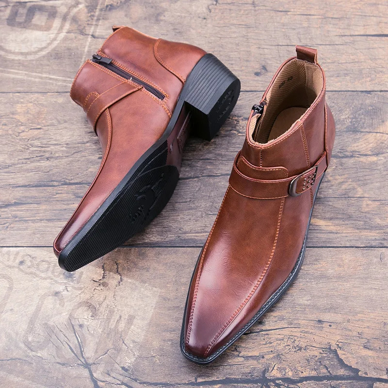 Mens Retro Cowboy Boots Leather Shoes Chelsea Boots Pointed Toe Men Boots Zipper Male Ankle Boots Autumn Winter Shoes 250106