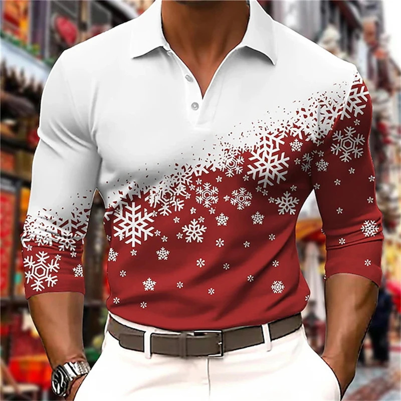 Mens Polo Shirt Golf Shirt 3D Printed Snowflake Graphic Top Christmas Street Long Sleeve Button Mens Polo Clothing 250103
