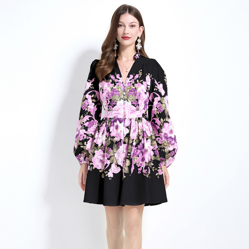 Vacation Style Flower Linen Mini Dress Lantern Long Sleeve V-neck Button Down Retro Print Designer Runway Women Short Dresses Cardigan Slim A-line Lad