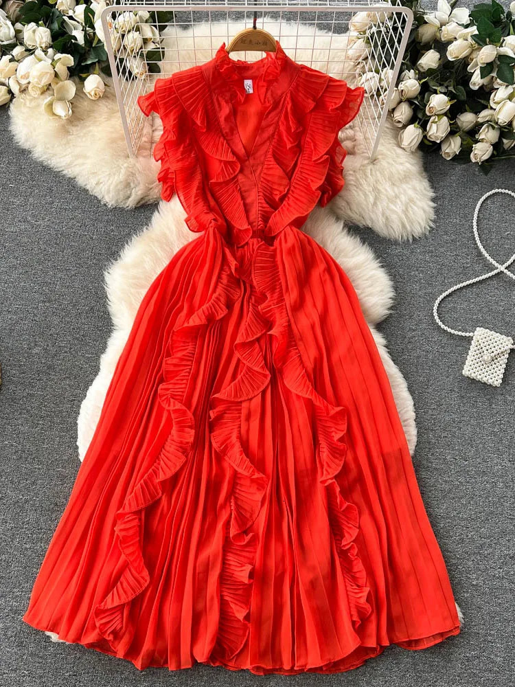 XFPV Elegant Dress Women Prairie Chic Ruffles Patchwork Slim A-line Chiffon Sleeveless Vestido 2025 Summer Fashion SM7493 250103