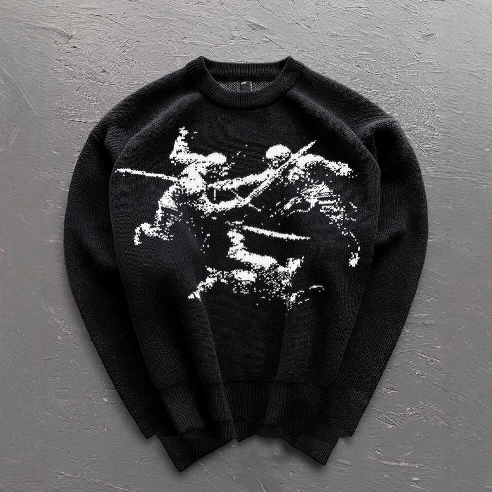 Ins knitted dark pattern jacquard round neck long sleeved high street loose sweater y2k