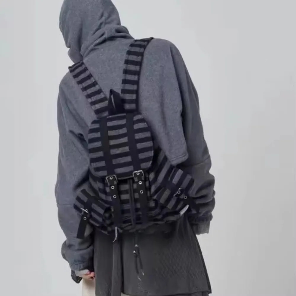 High Quality Korean Style Backpacks Drawstring Flat Stripe Bookbags Large Capacity Soft Tote Bags Unisex 250102