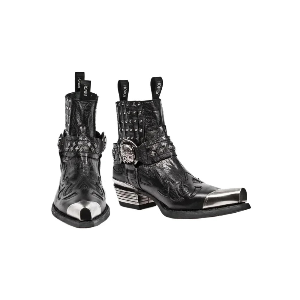 Retro Rivet Metal Decoration Western Cowboy Boots Square Toe Chunky Heel Print Pull On Heavy Work Shoes Punk Chelsea Ankle Boot 250106