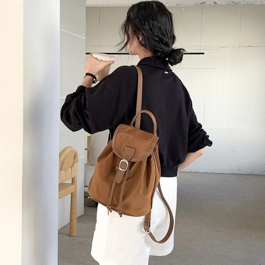 Retro Style Nylon Backpack for Women Thin Belt Backpack Casual Harajuku School Student Drawstring Flap Travel Vintage Backpack 250102