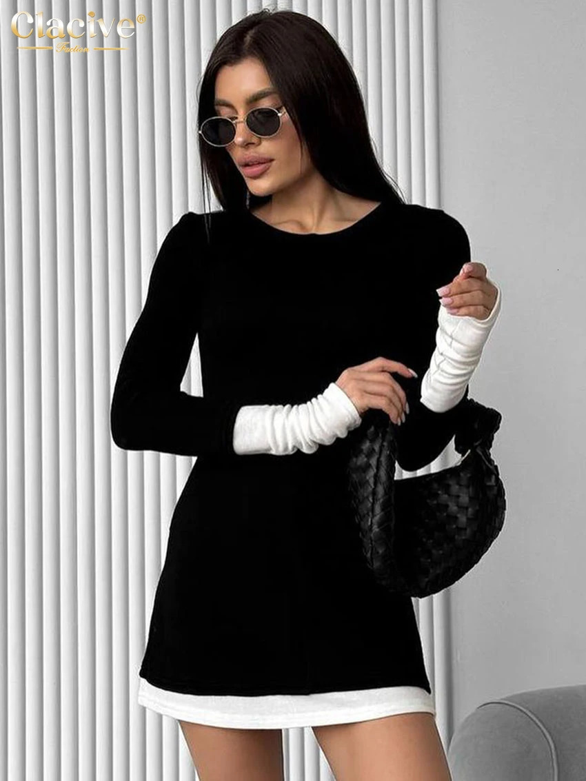 Clacive Bodycon Black Knitted Womens Wear 2025 Fashion O-neck Long Sleeve Mini Dress Elegant Classic Patchwork Womens Wear 250103