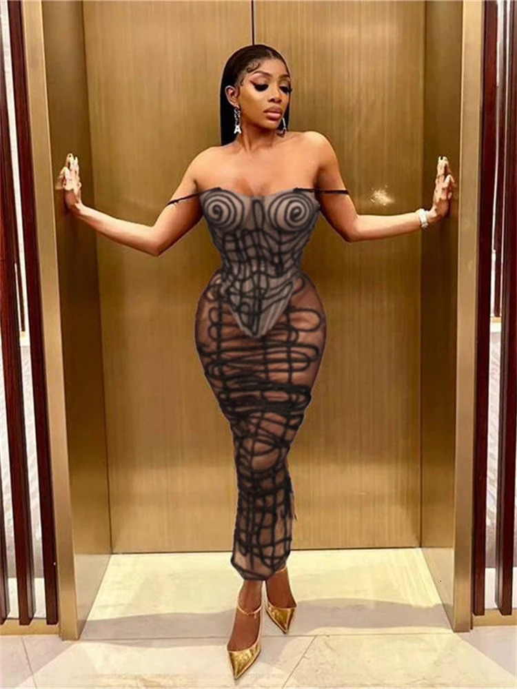 Ladies Autumn 2 Pieces Mesh See Through Sleeveless Backless Corset Top Maxi Skirt Matching Set Club Streetwear Fall Outfits 250106