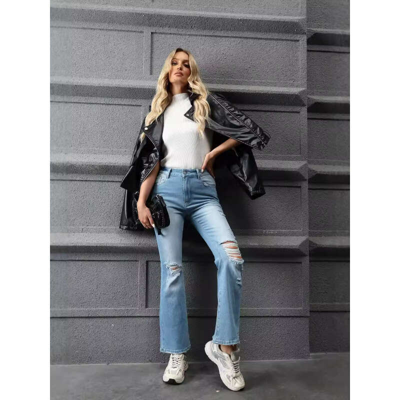 Women's Wear Street Pants New High Waisted Slim And Perforated Flared Jeans For Women