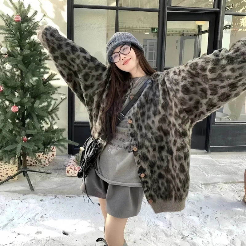 Harajuku Leopard Print Knitted Cardigan Women Oversized Sweater Outerwear Vintage Long Sleeve Knitwear Winter Casual Jumpers 250103