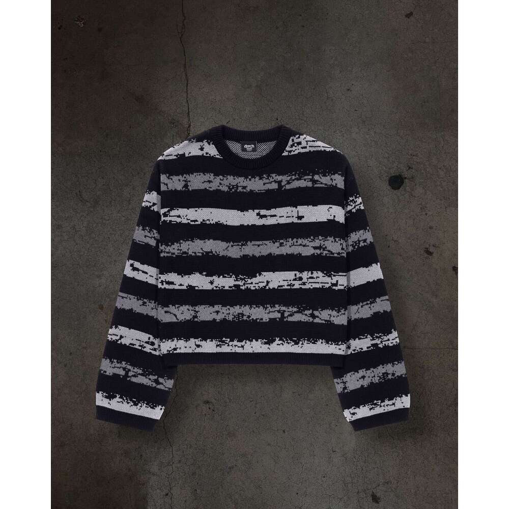 Knitted Striped Jacquard Pattern Round Neck Long Sleeve High Street Loose Sweater Dark Style