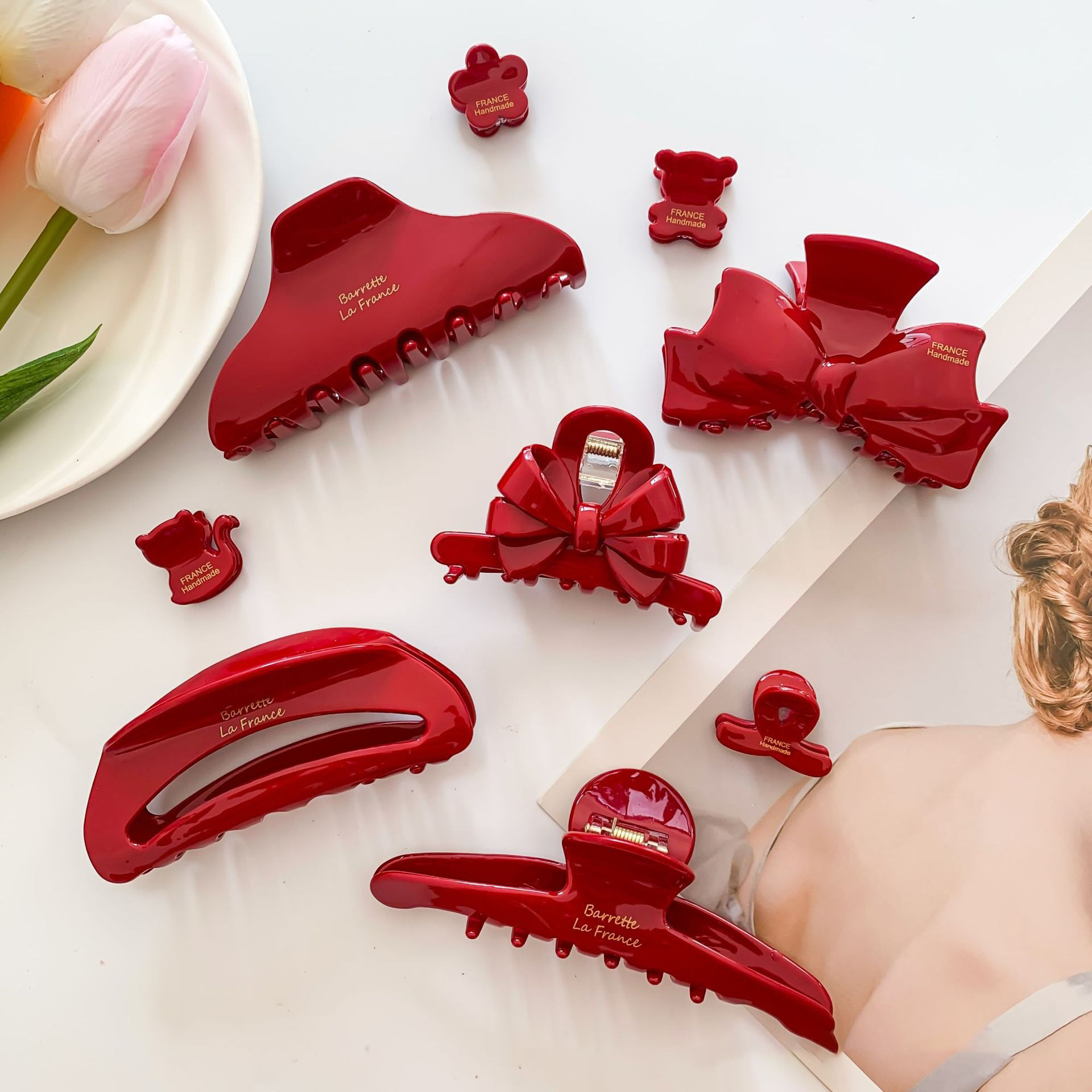 Red Bow Acetate Grab Clip Premium Feeling Shark Clip Tanabata Valentine's Day French Fashion Back of the Head Hair Clip Female