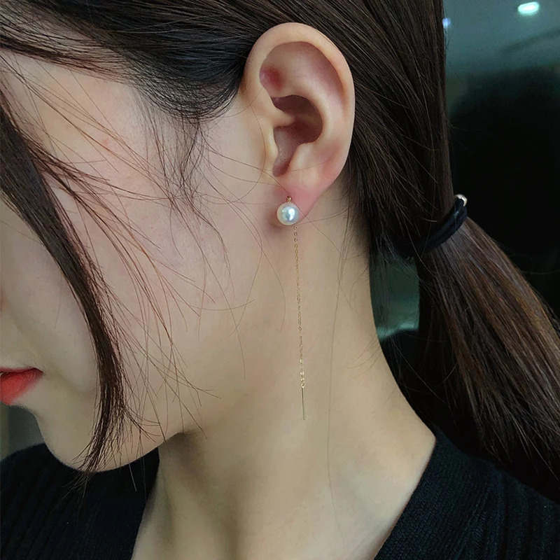 Real 18K Gold Women Earrings Pure AU750 Natural AKOYA Seawater Pearl Drop Earrings Simple Fashion Fine Jewelry Gift 250106