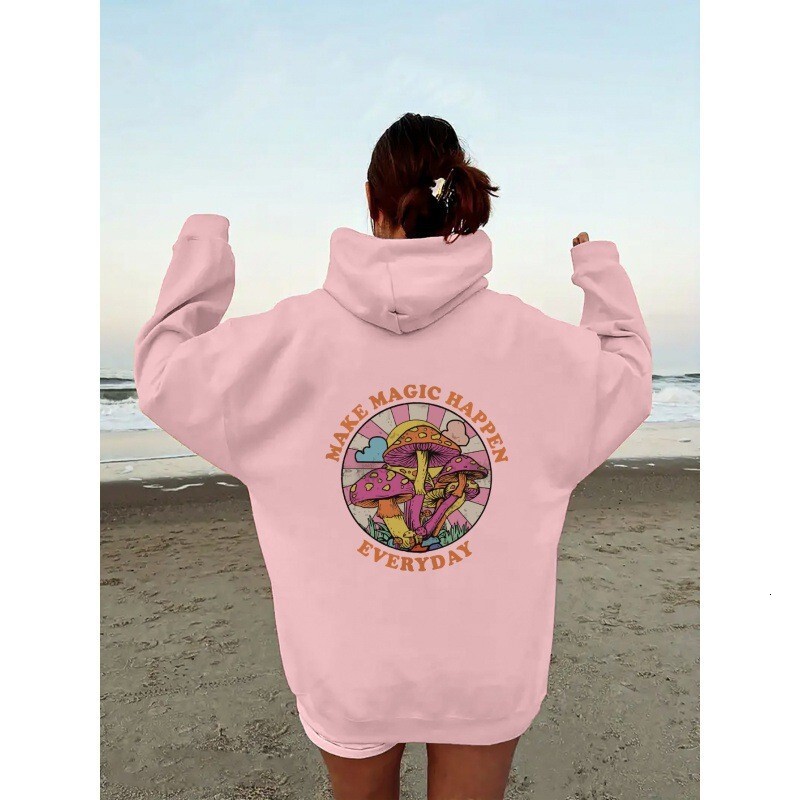 European Women's Velvet Sweatshirt With Plain Letter Kangaroo Pocket Drawstring Print Hoodie
