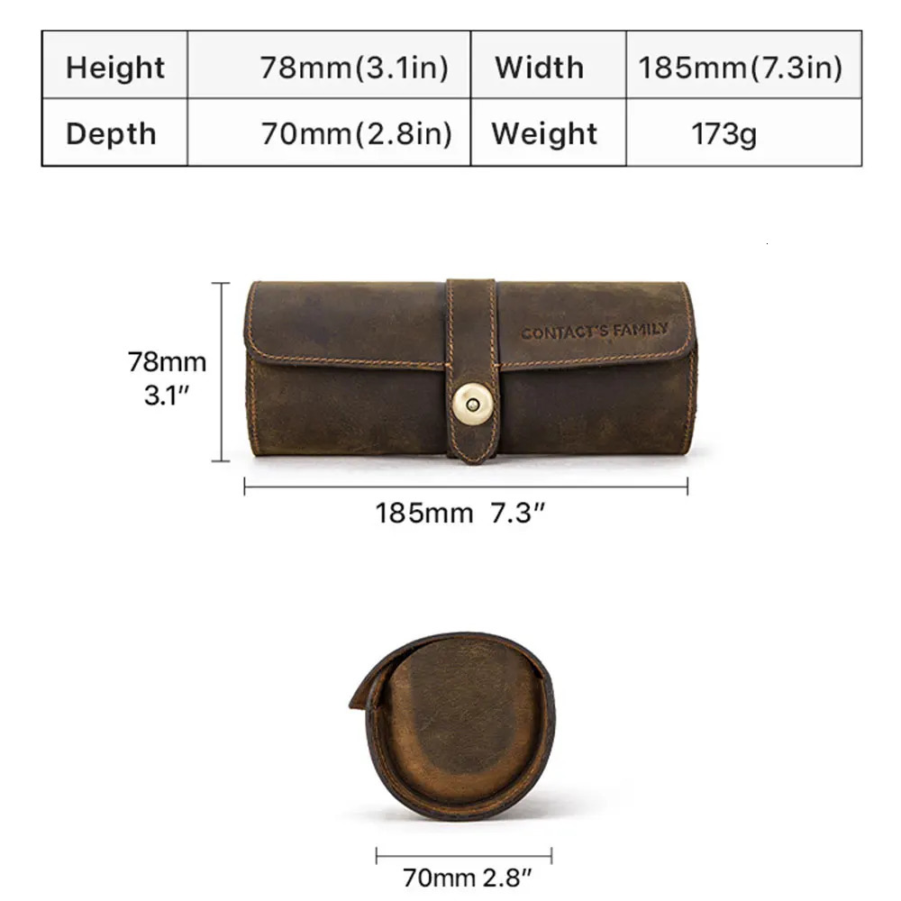 CONTACTs Home Handmade Watch Roll Box Organizer 3-Slot Watch Travel Leather Case Bracket Suitable for Men and Women with Buckles 250102