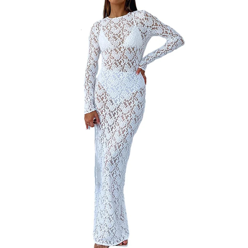 Women Print Lace Long Sleeve Comfortable Sexy Bodycon See Through Breathable Maxi Hollow Out Solid Color Dress Party Y2K Lady 250103