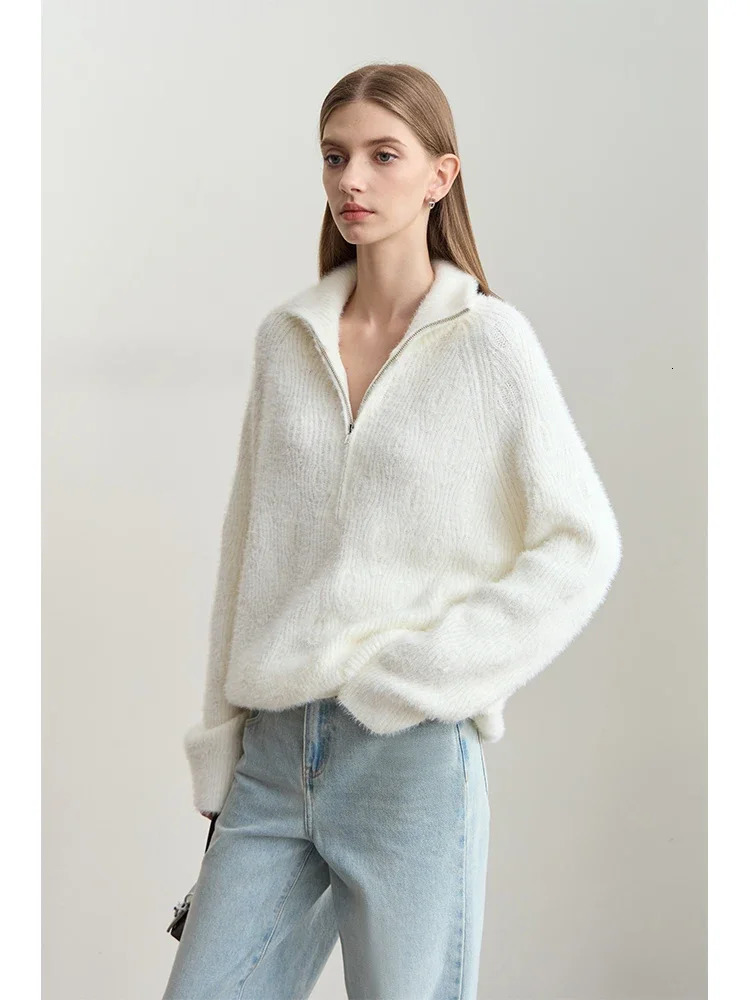 Amii Turtleneck Zipper Semiopen Imitation Mink Needle Sweater Pullovers Winter Womens Loose Shoulder Sleeve Tops 12444266 250103