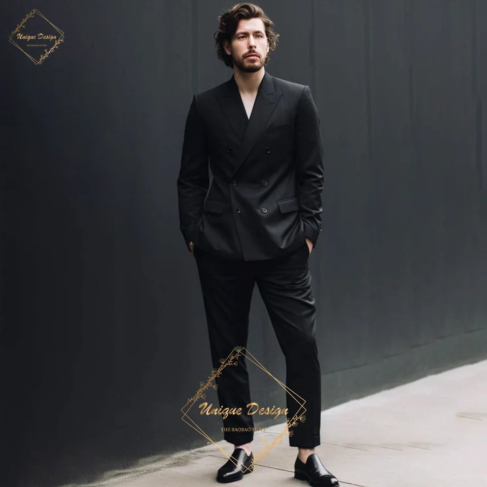 Mens Black DoubleBreasted Suit Sophisticated Tailored Fit Modern Gentlemans Essential for Wedding Prom Party Daily Wear 250103
