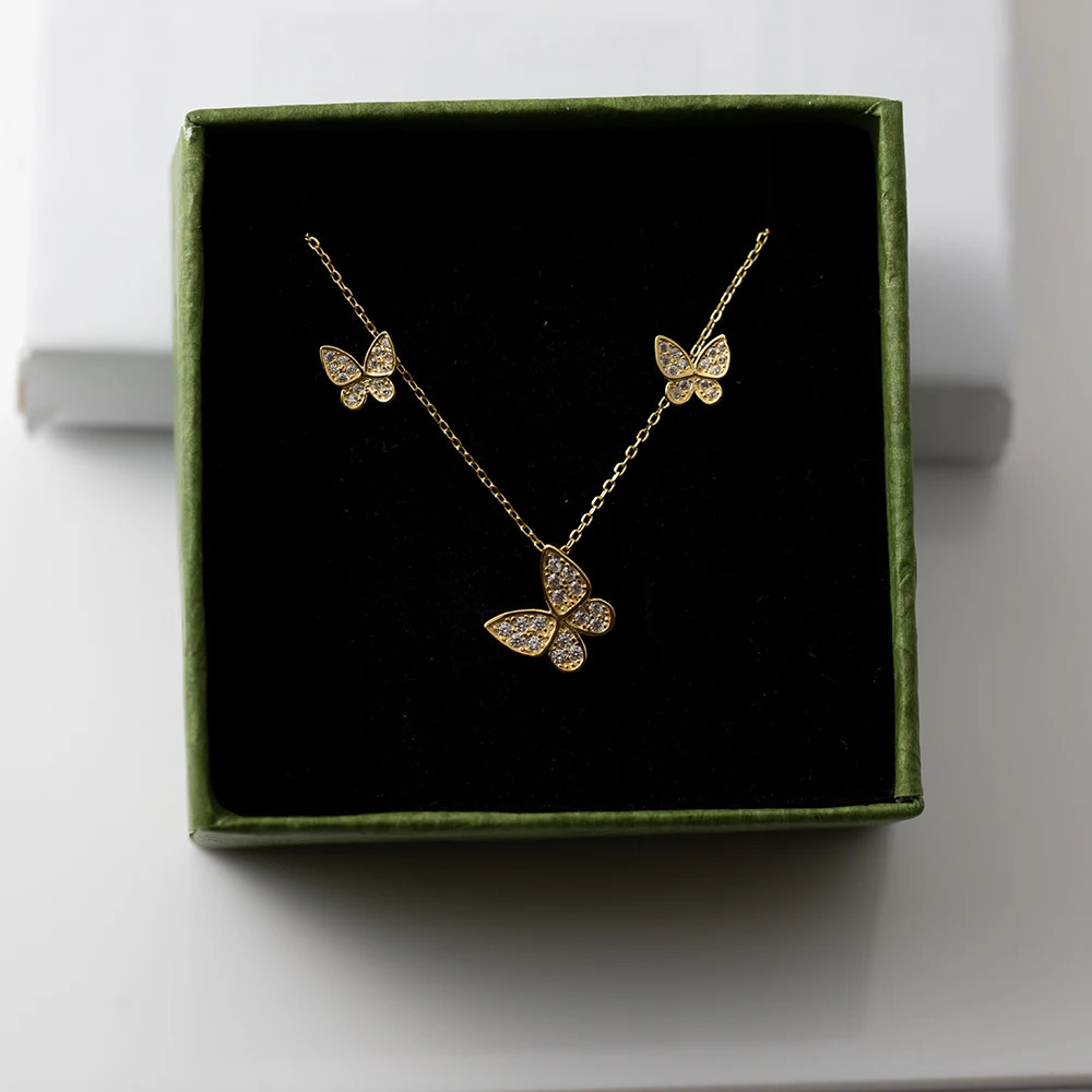 CCFJOYAS 925 Sterling Silver Super Fairy Pave Zircon Butterfly Earrings/Necklace Set for Women Simple Party Wedding Jewelry Set 250102