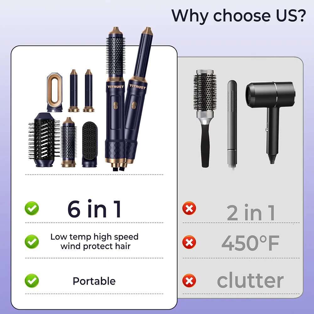 6 In 1 Electric Blow Dryer Comb Hairdryer Negative Ionic Blower Brush Air Styg Hair Curler Curg Wand