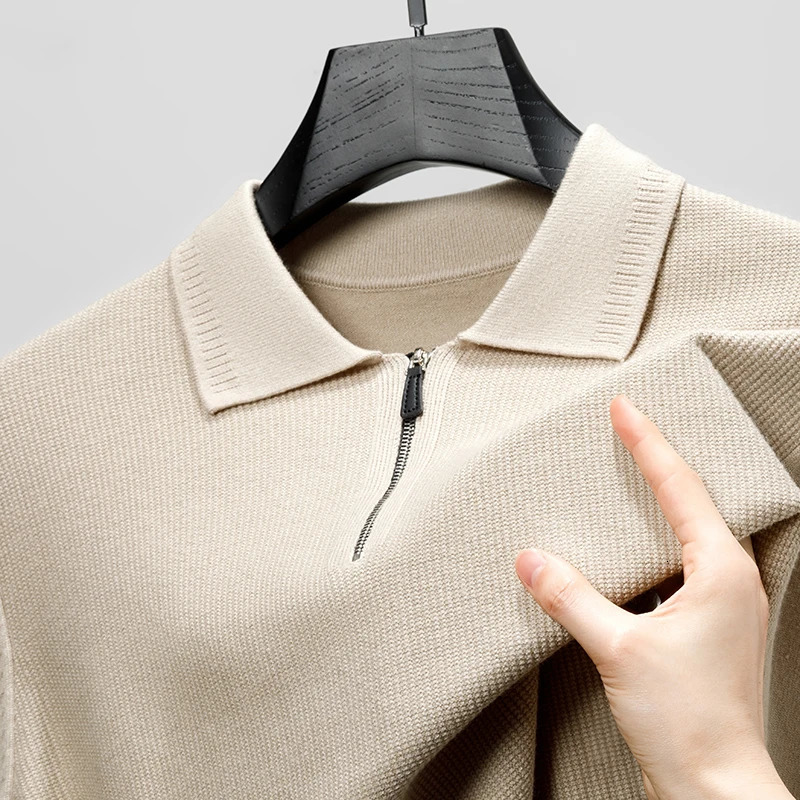 mens knitted polo shirt autumn item solid long sleeved knitted shirt with lapel zipper UK casual exquisite mens clothing 250103