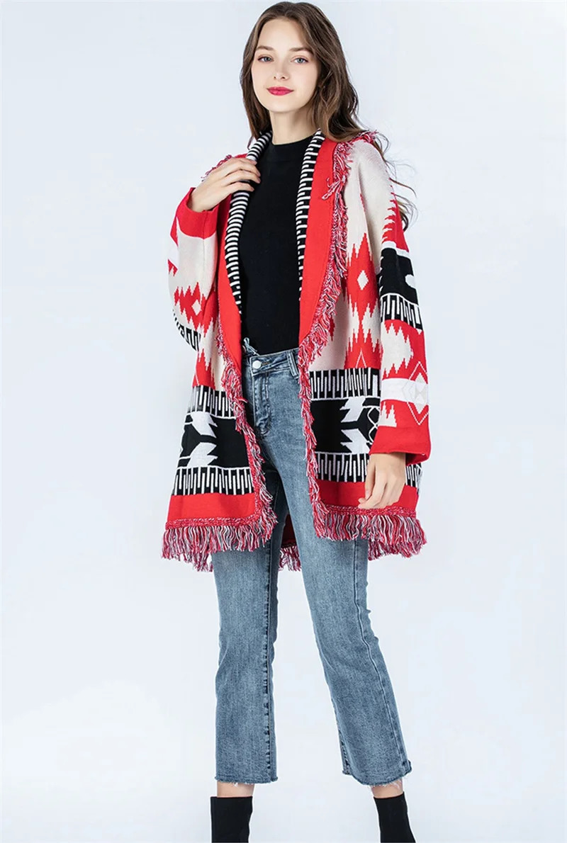 HIGH QUALITY Ethnic Boho Gypsy Bohemian Stylish Womens Cashmere Wool Jacquard Print Fringed Belted Wrap Cardigan In Red 250103