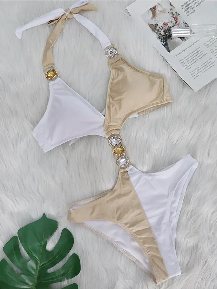 Sexy Splicing Halter V Neck High Cut Diamond Monokini Women Swimwear One Piece Swimsuit Female Bathing Suit Swim Beach Wear 250106