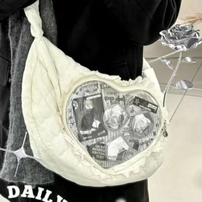 Pink Cute Womens Shoulder Bag Pleated Love Heart Lolita Jk Ita Bag Drawstring Ballet Style Sweet Fashion Female Handbag 250103