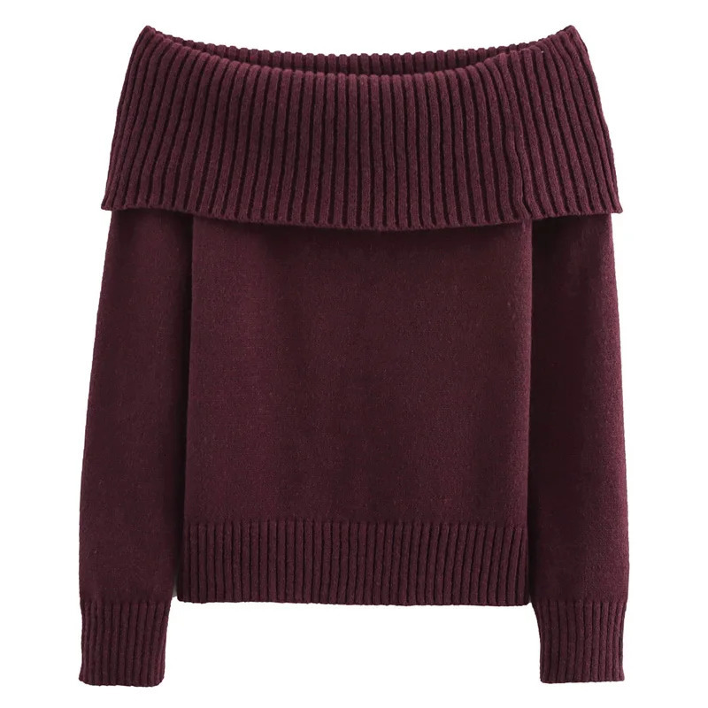 TRAF Womens Sweater OffShoulder Knitwear Pullover Burgundy Long Sleeve Top Jumper Oversized Sweaters Christmas Jersey 250103
