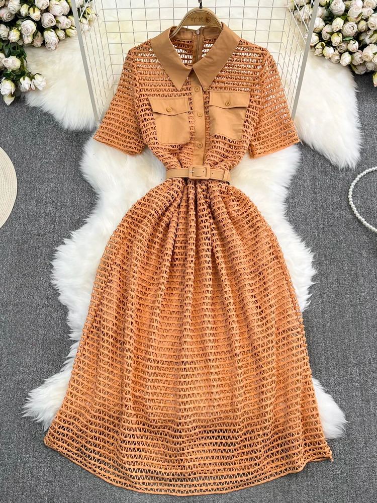 XFPV Elegant Pockets Lapel Collar Slim Pockets Dress Women Leisure Perspective Belt Vestido 2025 Summer Fashion SM6666 250103