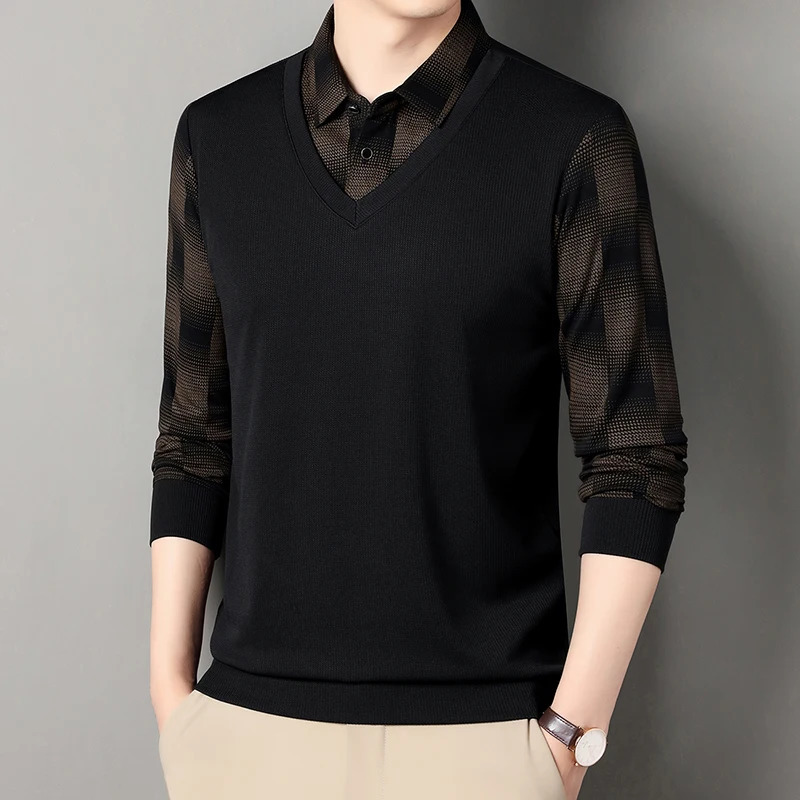 Business and leisure autumn mens lapel button print two-piece street clothing fashion long sleeved polo shirt knitted top 250103